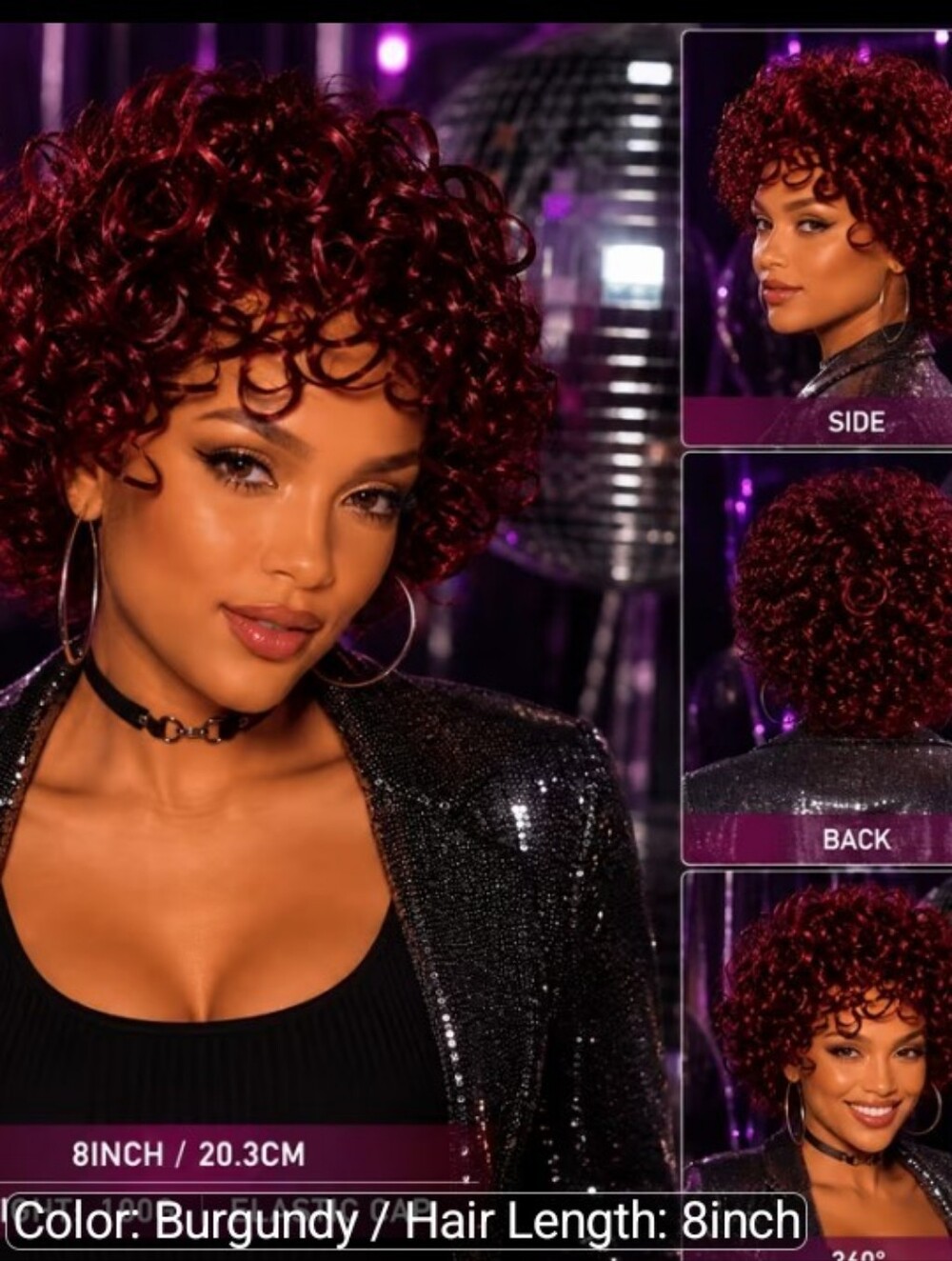 Burgundy Curly Short Wig - 8 Inch Women Hair